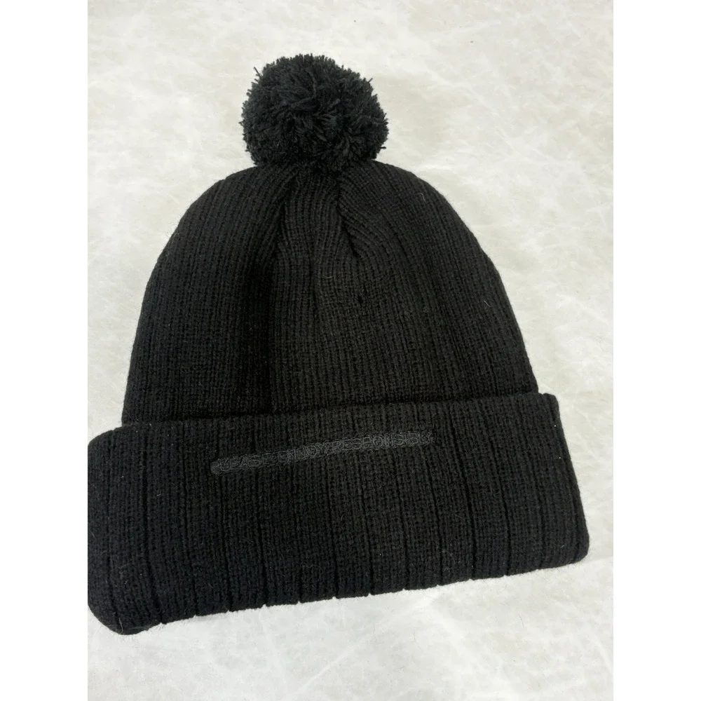 Courvoisier Black Knit Beanie Hat With Pom Since 1828 Logo Acrylic Cuffed Winter